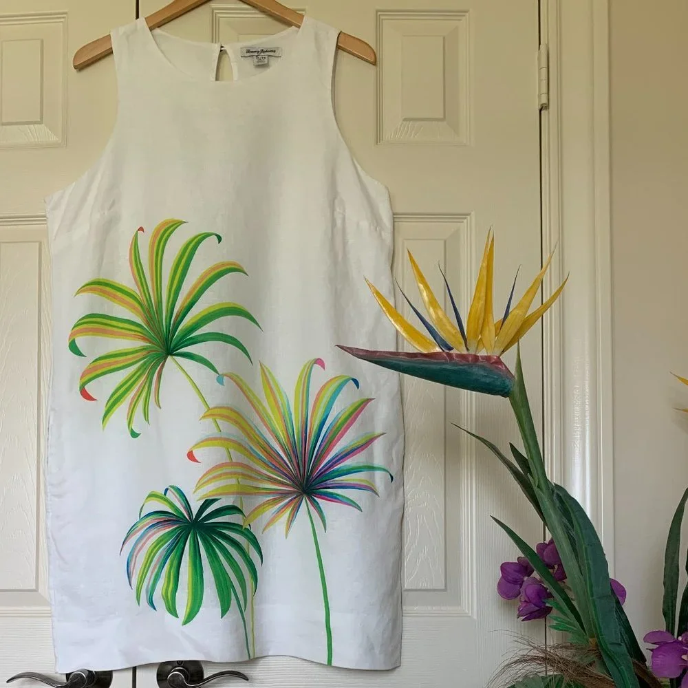 SOLD π2X HPπTommy Bahama Women's Cirque De Palm White Linen Shift Dress Sz XL - Picture 1 of 14